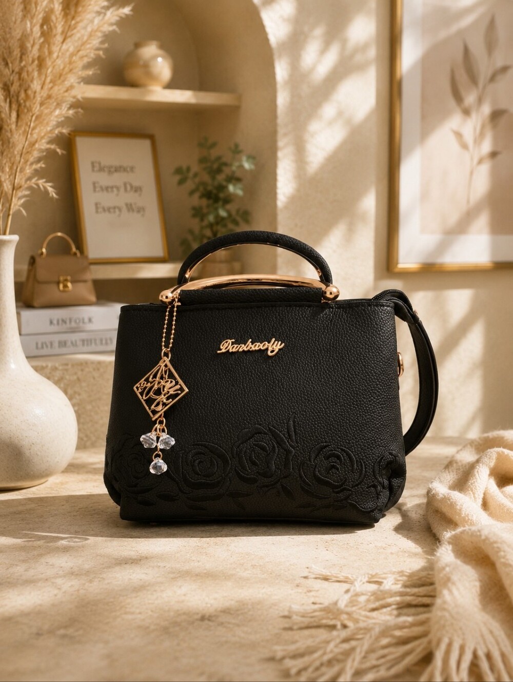 Black Top-Handle Satchel with Floral Embroidery